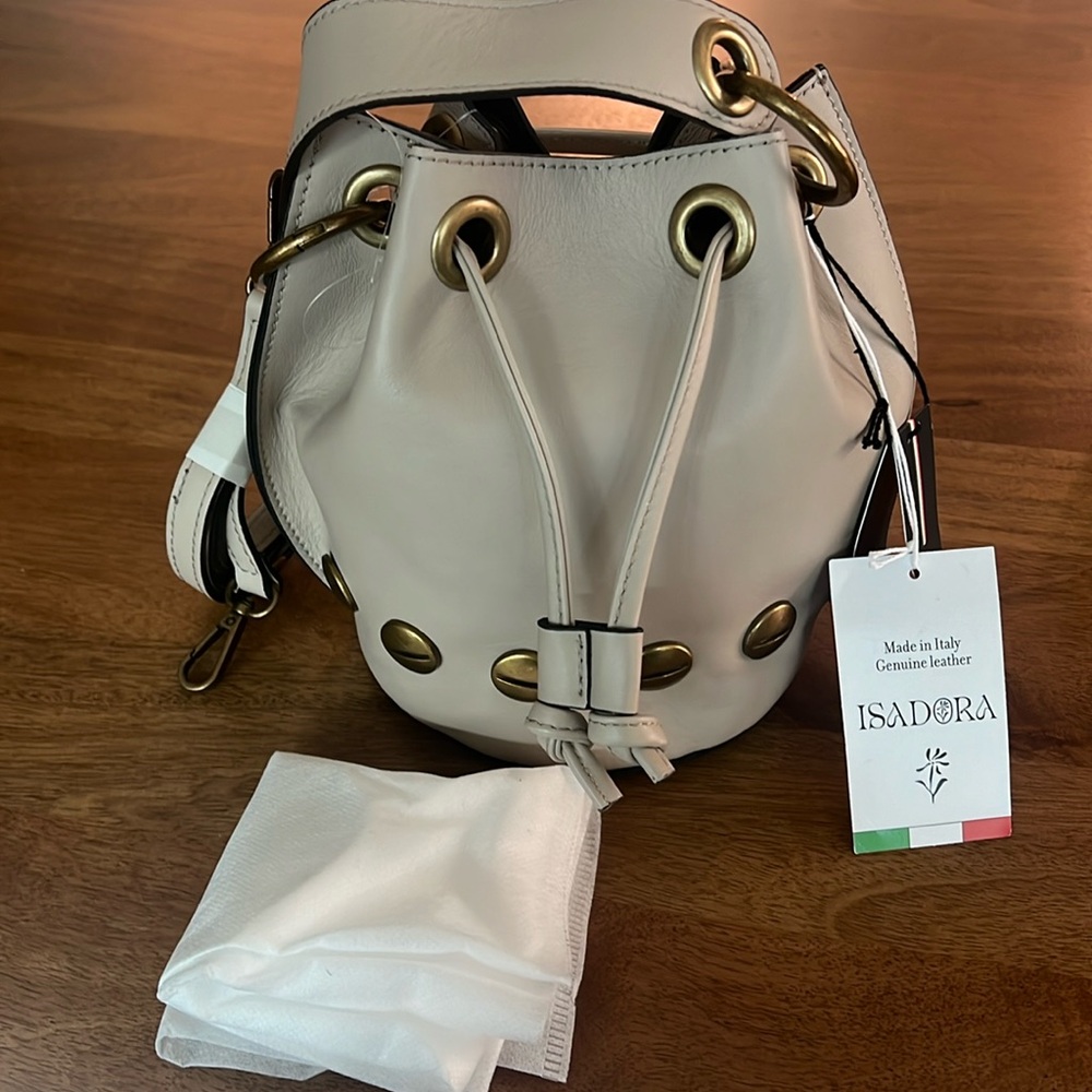 Genuine Leather Mini Bucket Bag in Cream